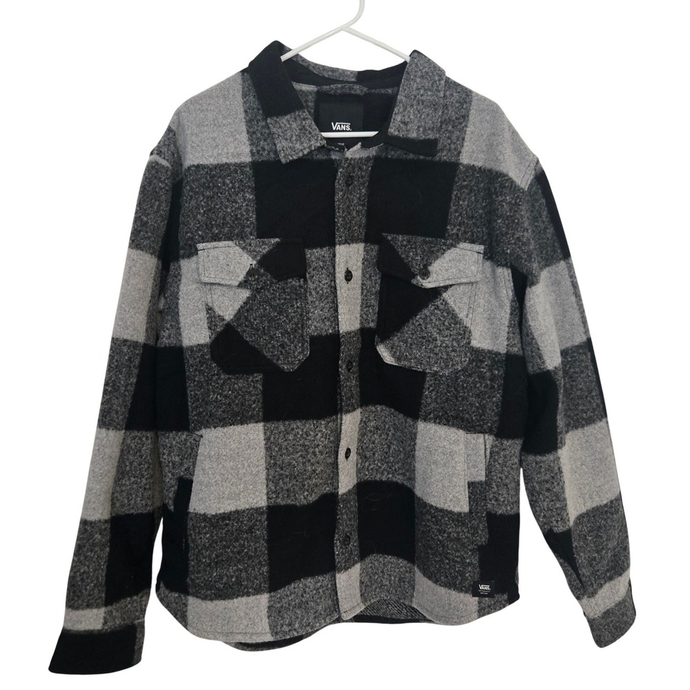 Vans Large Black Gray Buffalo Plaid Sherpa Flannel Jacket Loose Fi Shacket